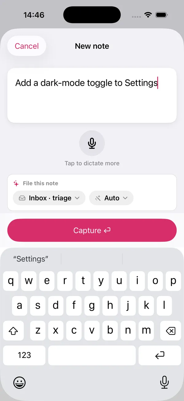 Edmund on iPhone, typing a note, ready to capture