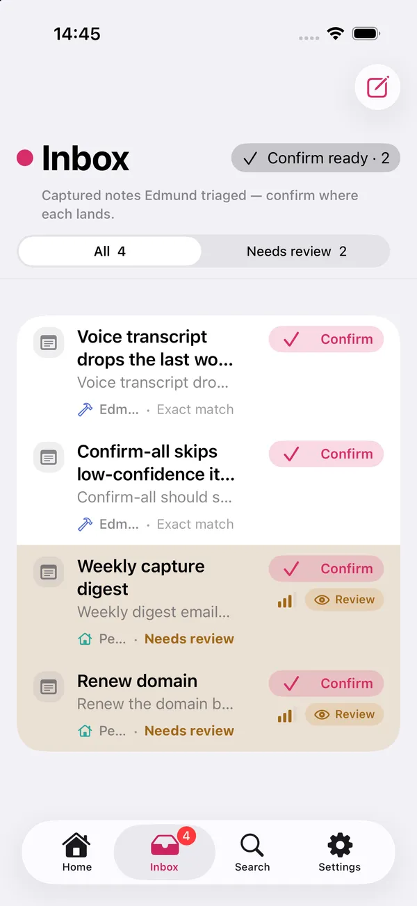 Edmund on iPhone, with captured notes filed into projects in the Inbox