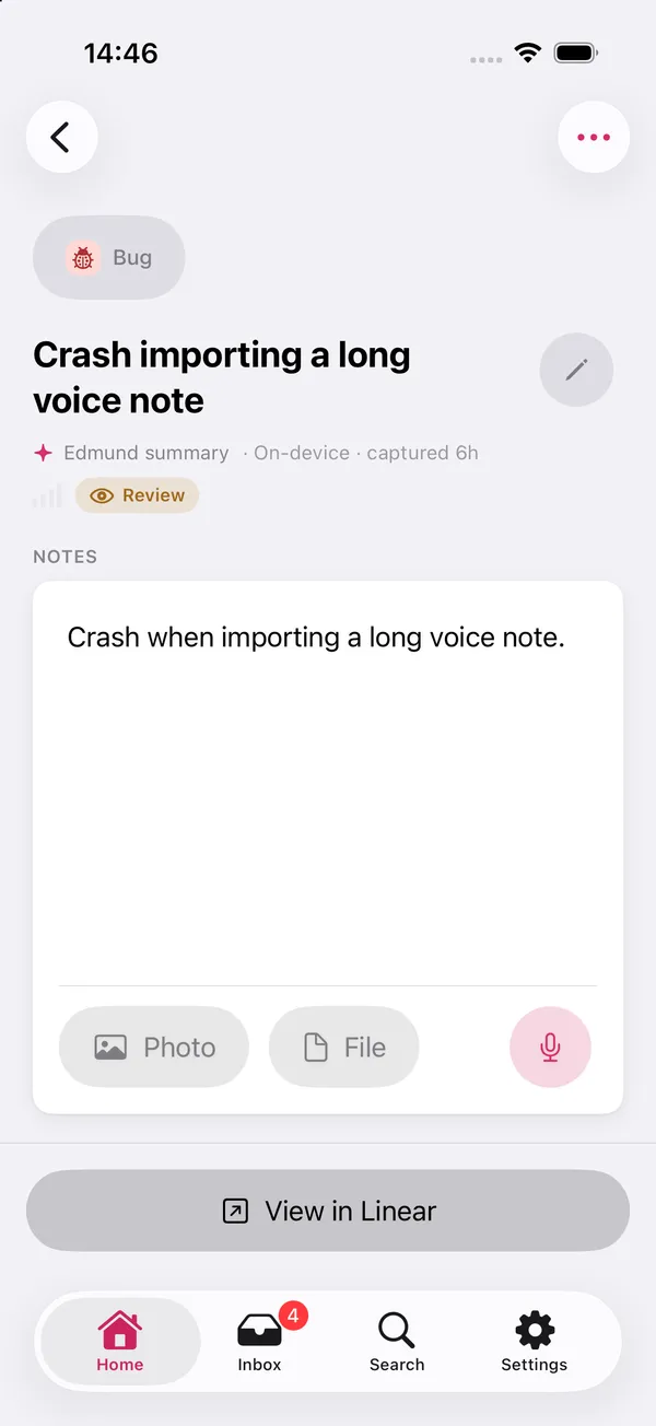 Edmund on iPhone, showing a note routed to Linear as an issue