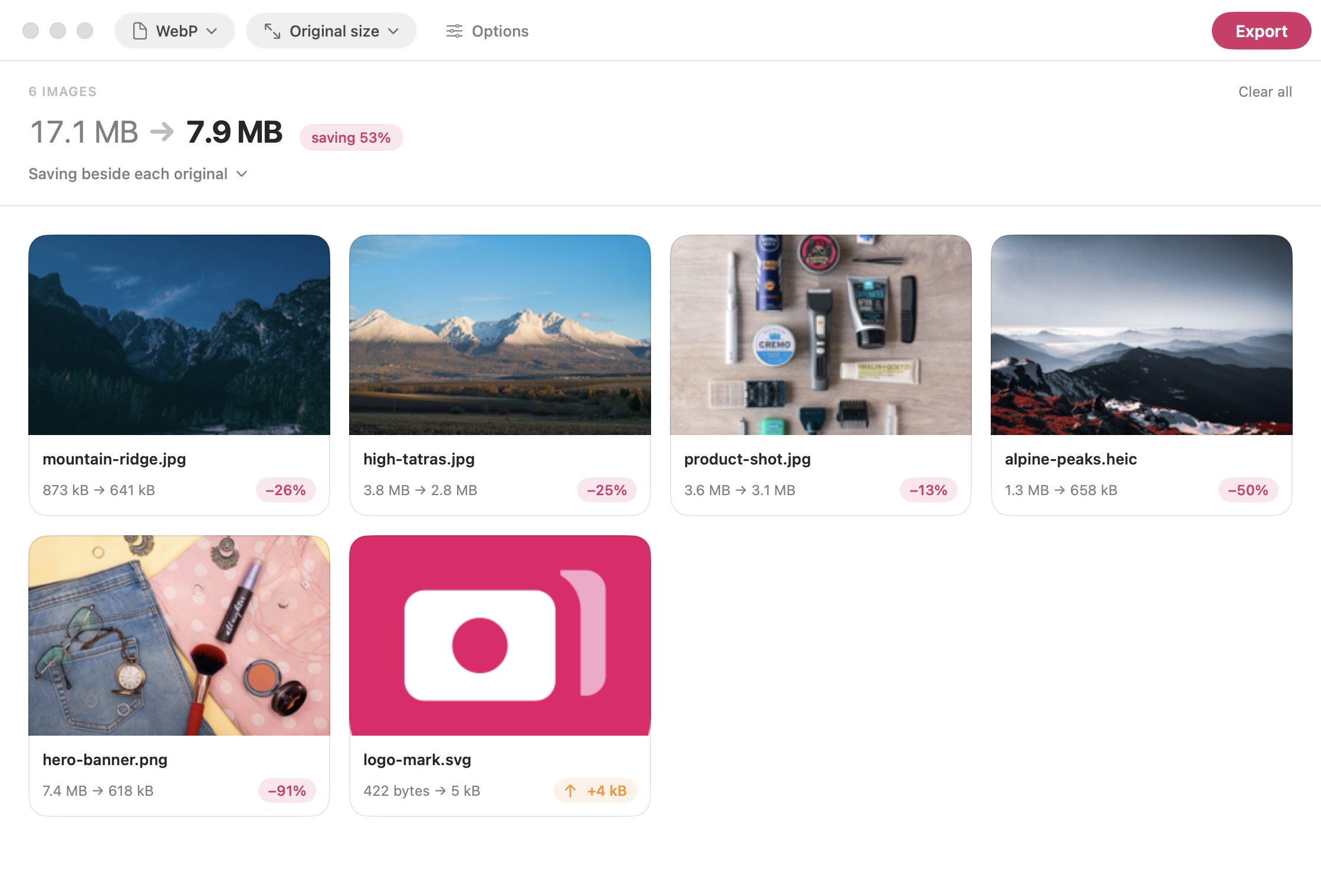 Images by Edmund converting six files to WebP in one batch